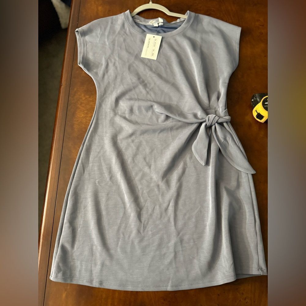 Cable & Gauge Short Sleeve MIDI Dress With Tied Waist Alpine Blue Color SzM NWT